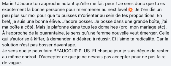 Message privé reçu par Marie Arnoult, où la personne s'auto-diagnostique