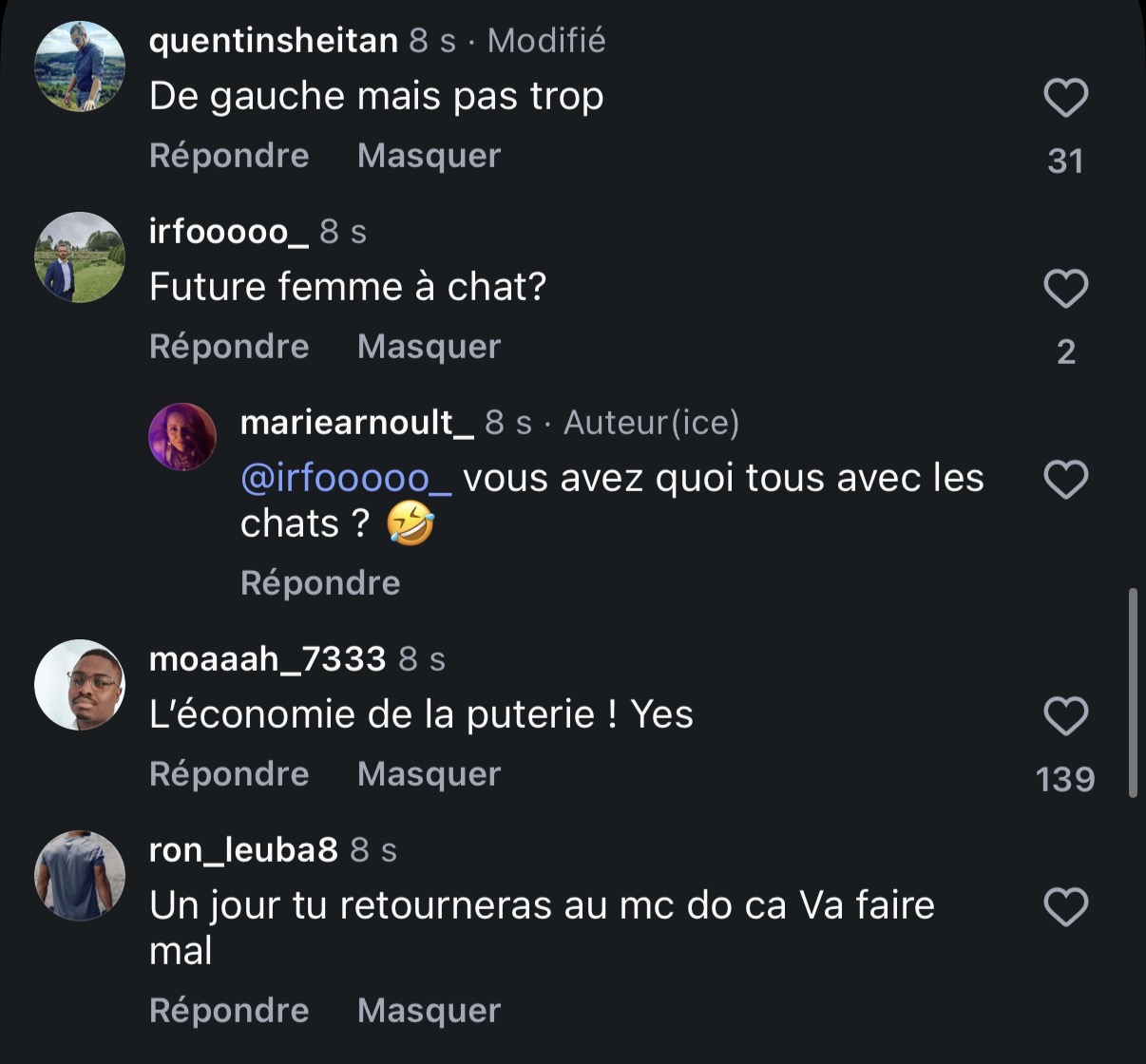 Commentaires hostiles sous un contenu Instagram de Marie Arnoult